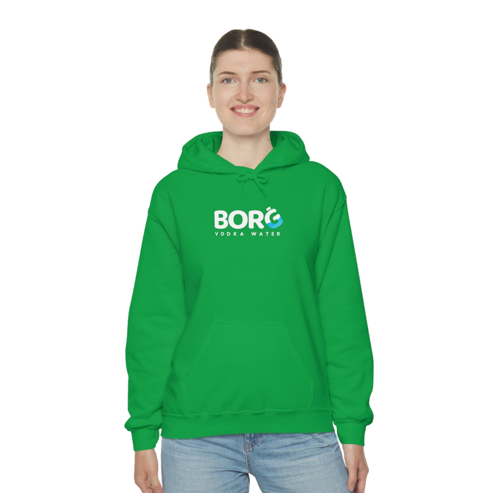 Girl model wearing the green Borg hooded sweatshirt